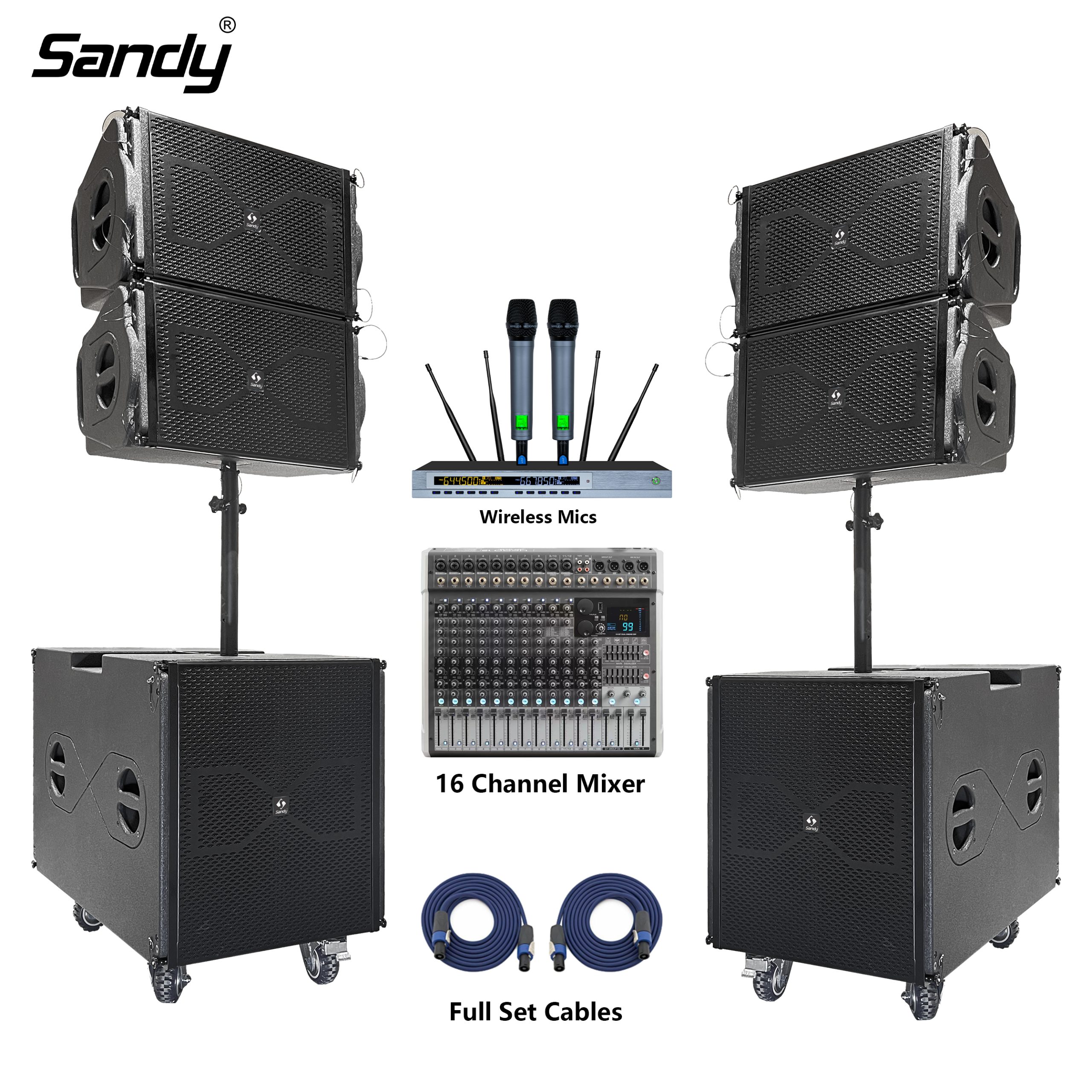Sandy Audio MX 2.1 K6 active 12 inch line array speaker system with amplified portable birch plywood cabinet for professional stage event and wholesale audio applications